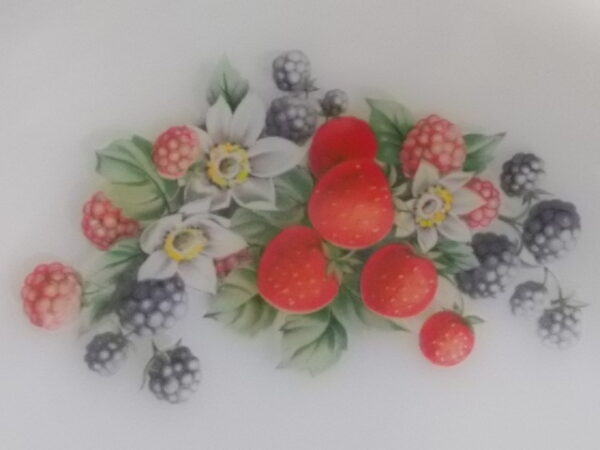 Assiette plate "Fruits de Bois", en verre Opale Blanc laiteux et motif fruitier. De la marque Arcopal France