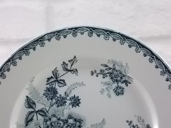 Assiette plate "Terre de Fer" , faïence Blanche, décors "Margot", motif botanique Vert