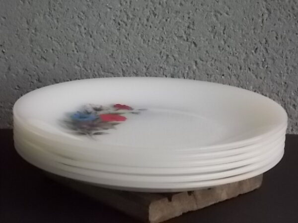 Assiette plate "Liseron", en verre Opale Blanc laiteux et motif floral. De la marque Arcopal France