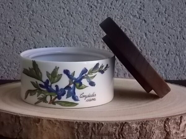 Boite "Corydalis Cava", en porcelaine Blanche, à couvercle en Bois. Motif floral peint à la main. De la Manufacture de Porcelaine Winterling Bavaria