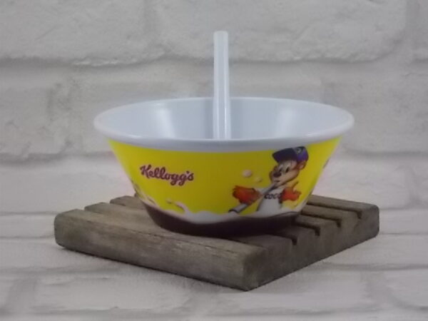 Bol à céréales avec paille "Coco Pops", en plastique Blanc, décors thermocollé. Article publicitaire de la marque Kellogg's