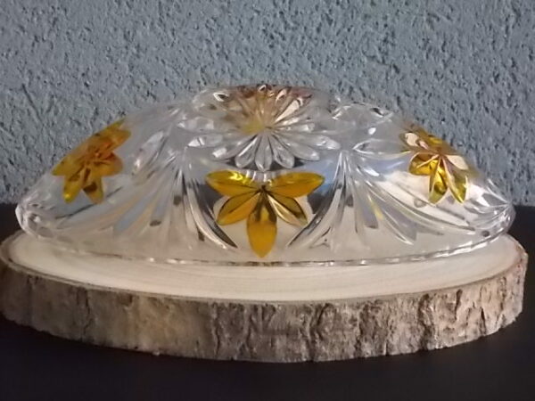 Coupe "Elliptique" en cristal translucide et Ambre. Décors de Palmes et Fleurs stylisées colorées. Echt Bleikristall gepresst de West Germany