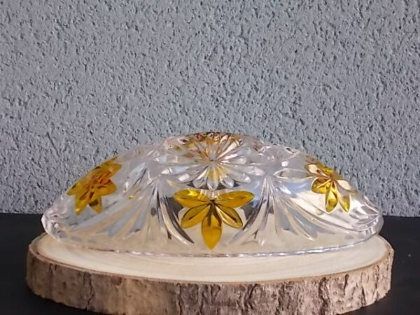 Coupe "Elliptique" en cristal translucide et Ambre. Décors de Palmes et Fleurs stylisées colorées. Echt Bleikristall gepresst de West Germany
