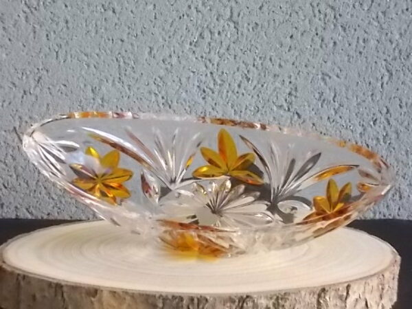 Coupe "Elliptique" en cristal translucide et Ambre. Décors de Palmes et Fleurs stylisées colorées. Echt Bleikristall gepresst de West Germany