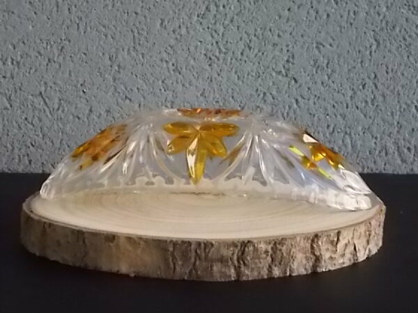 Coupe "Elliptique" en cristal translucide et Ambre. Décors de Palmes et Fleurs stylisées colorées. Echt Bleikristall gepresst de West Germany