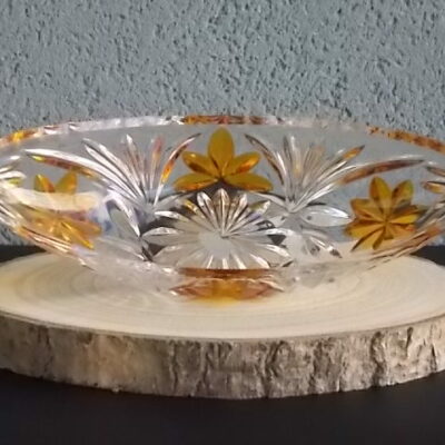 Coupe "Elliptique" en cristal translucide et Ambre. Décors de Palmes et Fleurs stylisées colorées. Echt Bleikristall gepresst de West Germany