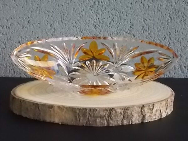 Coupe "Elliptique" en cristal translucide et Ambre. Décors de Palmes et Fleurs stylisées colorées. Echt Bleikristall gepresst de West Germany