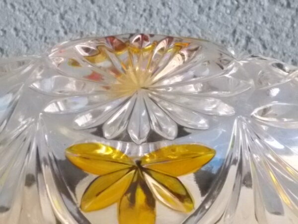 Coupe "Elliptique" en cristal translucide et Ambre. Décors de Palmes et Fleurs stylisées colorées. Echt Bleikristall gepresst de West Germany