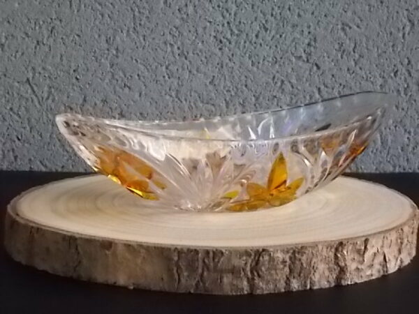 Coupe "Elliptique" en cristal translucide et Ambre. Décors de Palmes et Fleurs stylisées colorées. Echt Bleikristall gepresst de West Germany