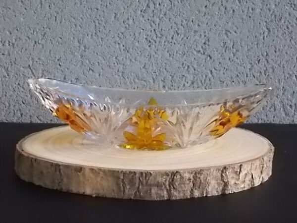 Coupe "Elliptique" en cristal translucide et Ambre. Décors de Palmes et Fleurs stylisées colorées. Echt Bleikristall gepresst de West Germany