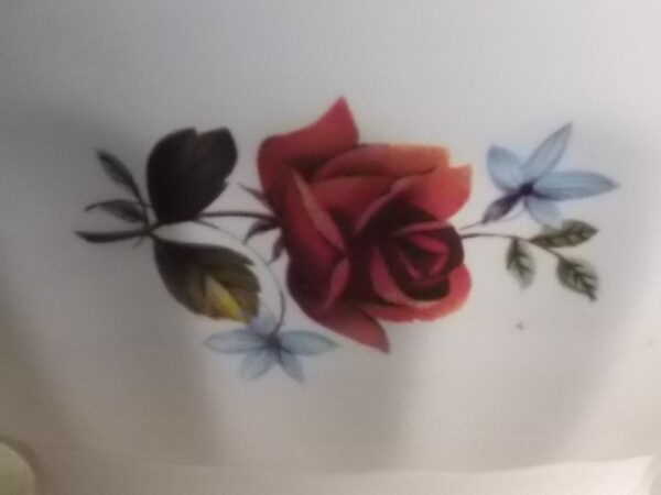 Grand bol à déjeuner sur piédouche et cotes plates, en faience fine Blanche à motif de Rose et fleurs Bleues. De Sarreguemines par Vercor.