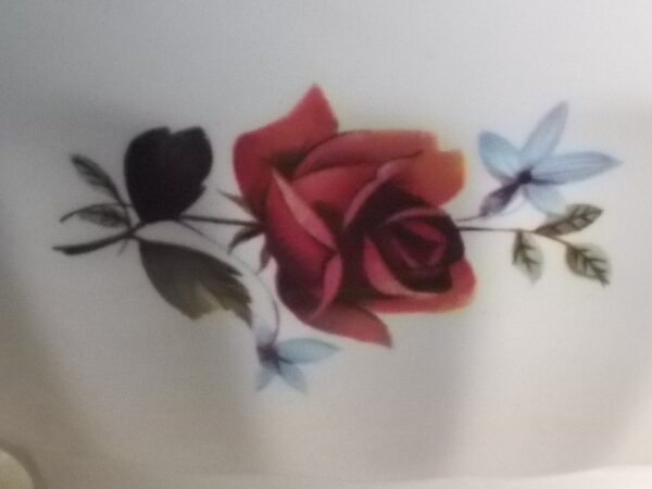 Grand bol à déjeuner sur piédouche et cotes plates, en faience fine Blanche à motif de Rose et fleurs Bleues. De Sarreguemines par Vercor.