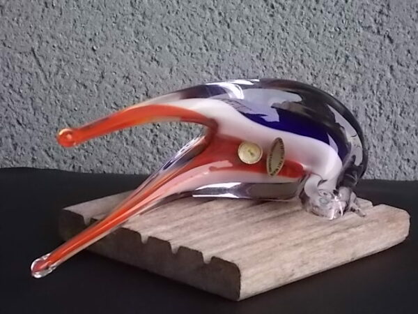 Oiseau en verre soufflé bouche translucide à insertion tricolore Rouge, Bleu et Blanc. Art verrier fait main Made in Romania