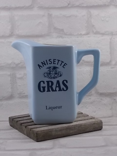 Pichet Anisette "Gras" Liqueur, en céramique Bleu Ciel et Ivoire, écriture Bleu Foncé