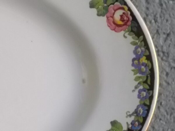 Plat ovale creux "3984", en faience Blanche. Motif floral de fleurs Rose et Bleu alternée et feuillage Vert sur fond Noir. Liseré en dorure sur bordure. De la faïencerie de Sarreguemines France.