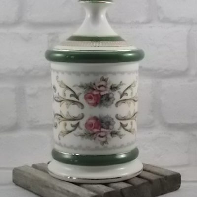 Pot "Apothicaire" en porcelaine céramique Blanche. Décors floral souligné de bande Verte et liseré dorure. De Florentine Italie.