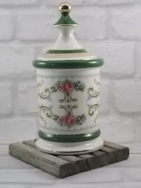 Pot "Apothicaire" en porcelaine céramique Blanche. Décors floral souligné de bande Verte et liseré dorure. De Florentine Italie.