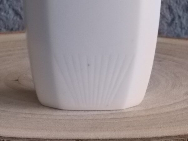 Pot à Epice, en faience Blanche. Motif "Anémone Bleue" peint à la main. Forme octogonale légèrement biaisé. Couvercle à poignée plate, et liseré Bleu.