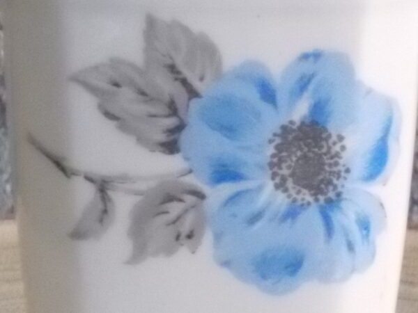Pot à Epice, en faience Blanche. Motif "Anémone Bleue" peint à la main. Forme octogonale légèrement biaisé. Couvercle à poignée plate, et liseré Bleu.